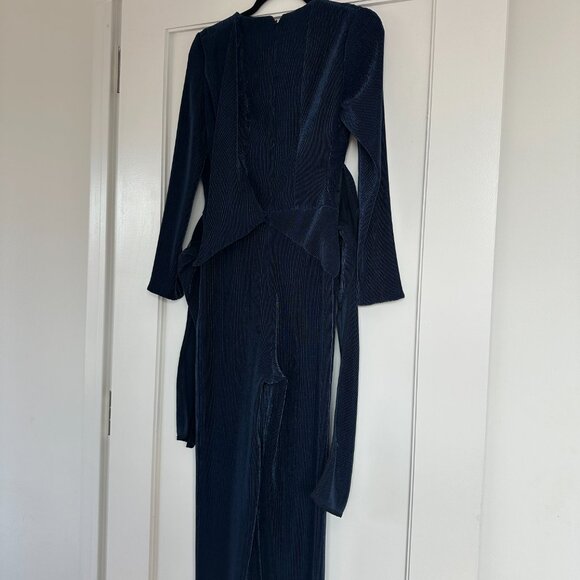 Galvan London Jumpsuit Sz 6 In Midnight Blue Pinstripe Velvet Devoré Plunge Neck - Picture 7 of 9